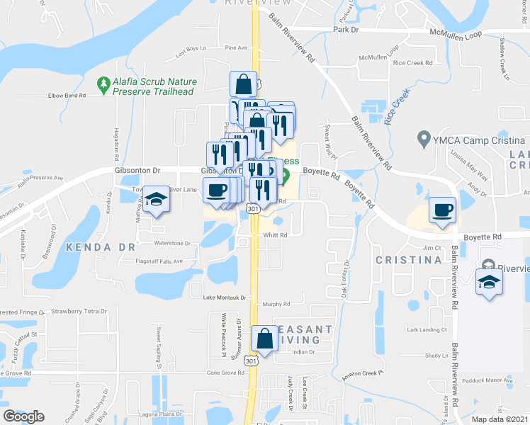 map of restaurants, bars, coffee shops, grocery stores, and more near 9990 U.S. 301 in Riverview