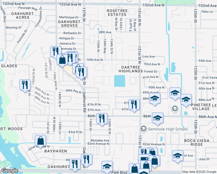 map of restaurants, bars, coffee shops, grocery stores, and more near 13422 90th Terrace in Seminole