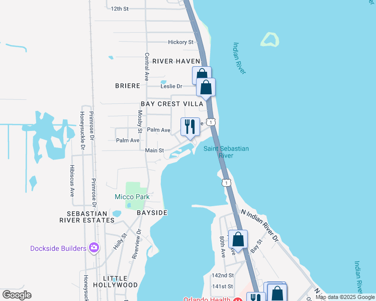 map of restaurants, bars, coffee shops, grocery stores, and more near 3975 Main Street in Sebastian