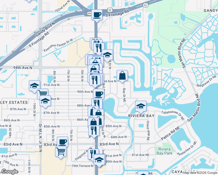 map of restaurants, bars, coffee shops, grocery stores, and more near 9031 2nd Street North in St. Petersburg