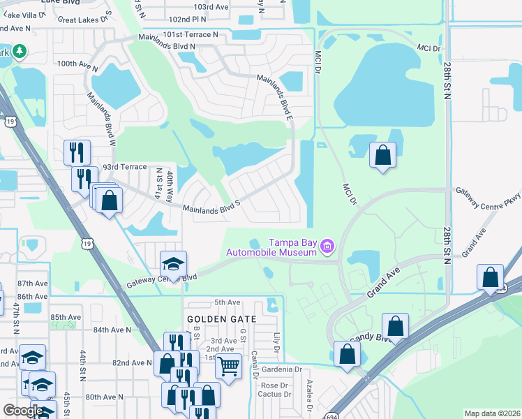 map of restaurants, bars, coffee shops, grocery stores, and more near 3645 91st Avenue North in Pinellas Park