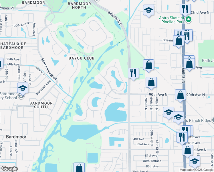 map of restaurants, bars, coffee shops, grocery stores, and more near 9057 Waterash Lane North in Pinellas Park