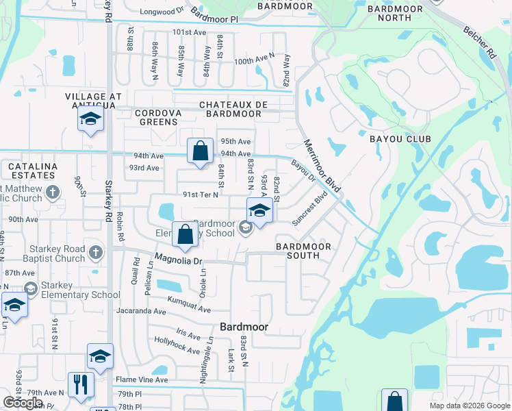 map of restaurants, bars, coffee shops, grocery stores, and more near 8275 Rose Terrace North in Seminole