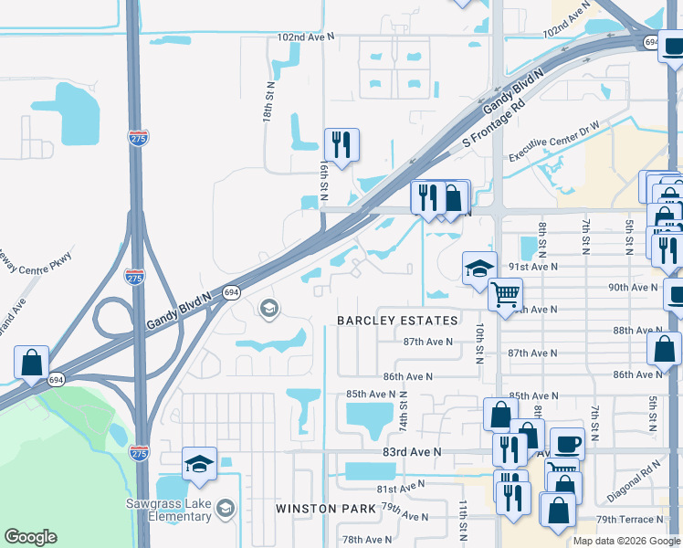 map of restaurants, bars, coffee shops, grocery stores, and more near 1400 Gandy Boulevard in St. Petersburg