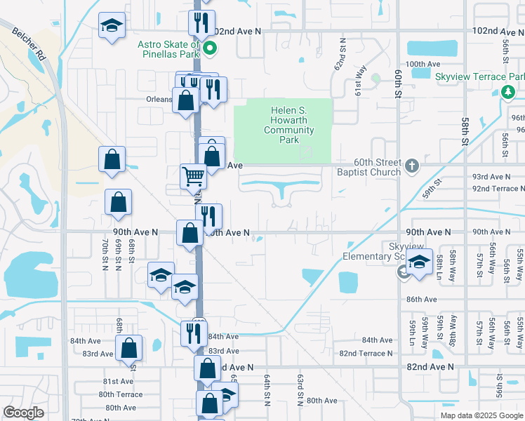 map of restaurants, bars, coffee shops, grocery stores, and more near 9101 64th Way North in Pinellas Park