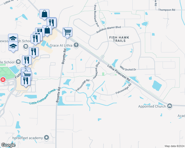 map of restaurants, bars, coffee shops, grocery stores, and more near 5714 Hawkgrove Place in Lithia