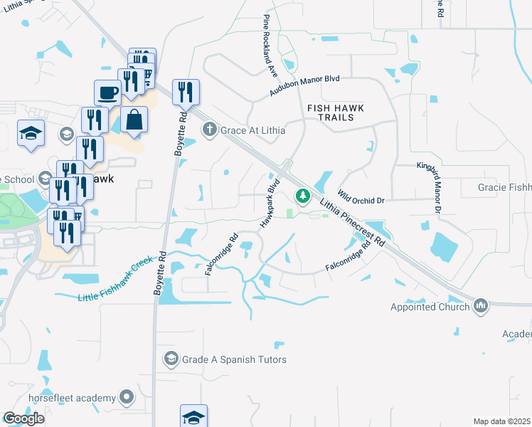 map of restaurants, bars, coffee shops, grocery stores, and more near 5713 Hawkpark Boulevard in Lithia