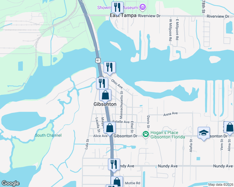 map of restaurants, bars, coffee shops, grocery stores, and more near 6206 Pennsylvania Avenue in Gibsonton