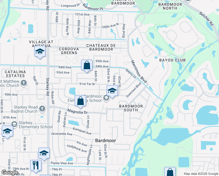 map of restaurants, bars, coffee shops, grocery stores, and more near 8275 Rose Terrace North in Seminole