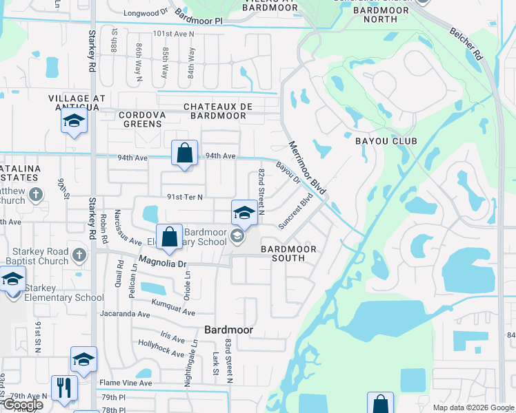 map of restaurants, bars, coffee shops, grocery stores, and more near 9118 82nd Street in Seminole