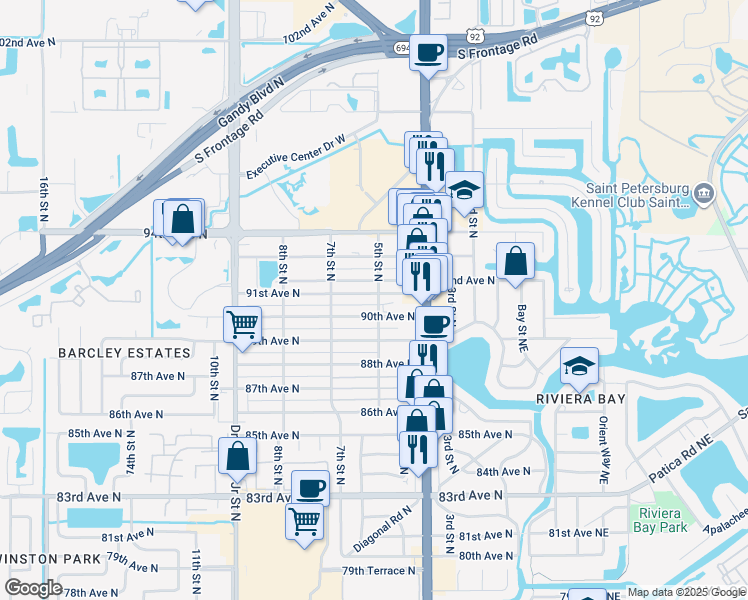 map of restaurants, bars, coffee shops, grocery stores, and more near 502 91st Avenue North in St. Petersburg
