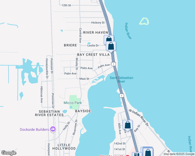 map of restaurants, bars, coffee shops, grocery stores, and more near 3975 Main Street in Sebastian