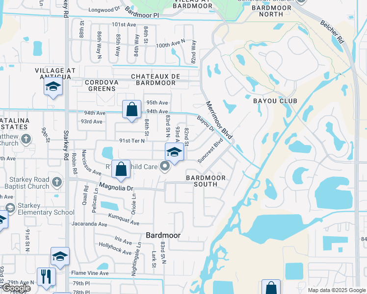 map of restaurants, bars, coffee shops, grocery stores, and more near 9118 82nd Street in Seminole