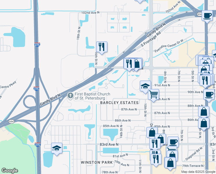 map of restaurants, bars, coffee shops, grocery stores, and more near 1400 Gandy Boulevard North in St. Petersburg