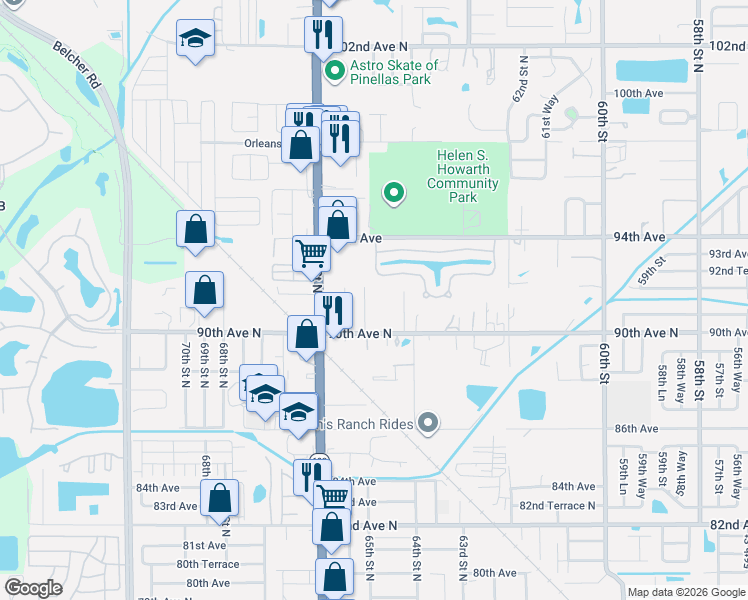 map of restaurants, bars, coffee shops, grocery stores, and more near 9121 65th Street North in Pinellas Park