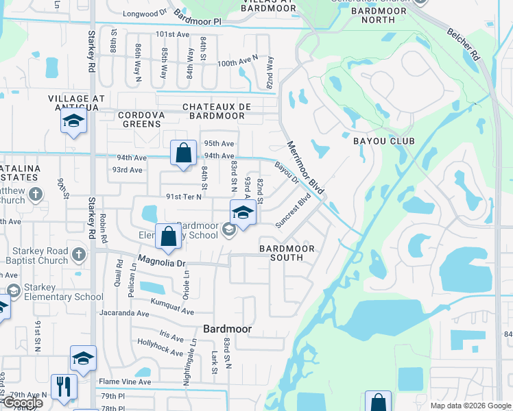 map of restaurants, bars, coffee shops, grocery stores, and more near 9118 82nd Street in Seminole