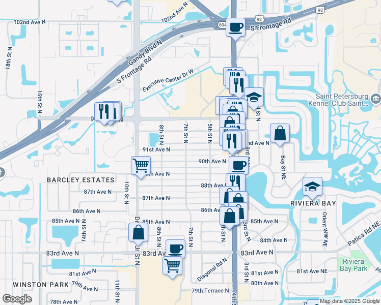 map of restaurants, bars, coffee shops, grocery stores, and more near 636 91st Avenue North in St. Petersburg
