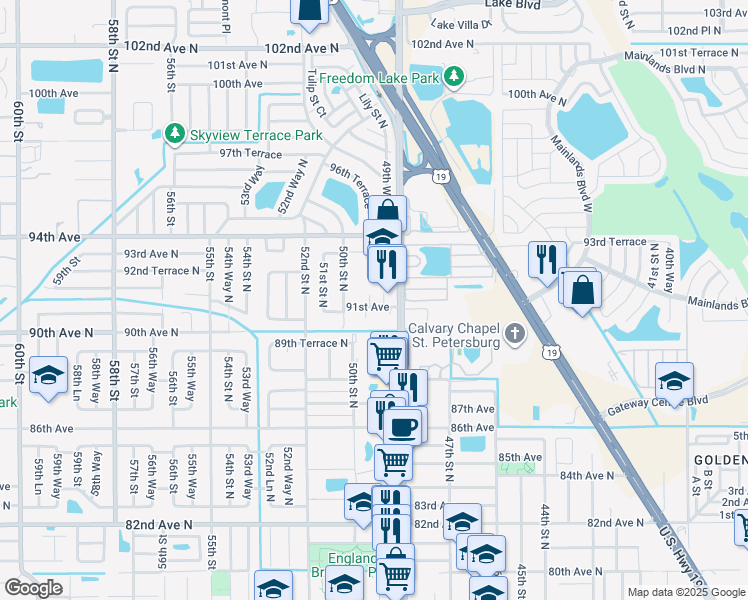 map of restaurants, bars, coffee shops, grocery stores, and more near 4945 91st Avenue in Pinellas Park