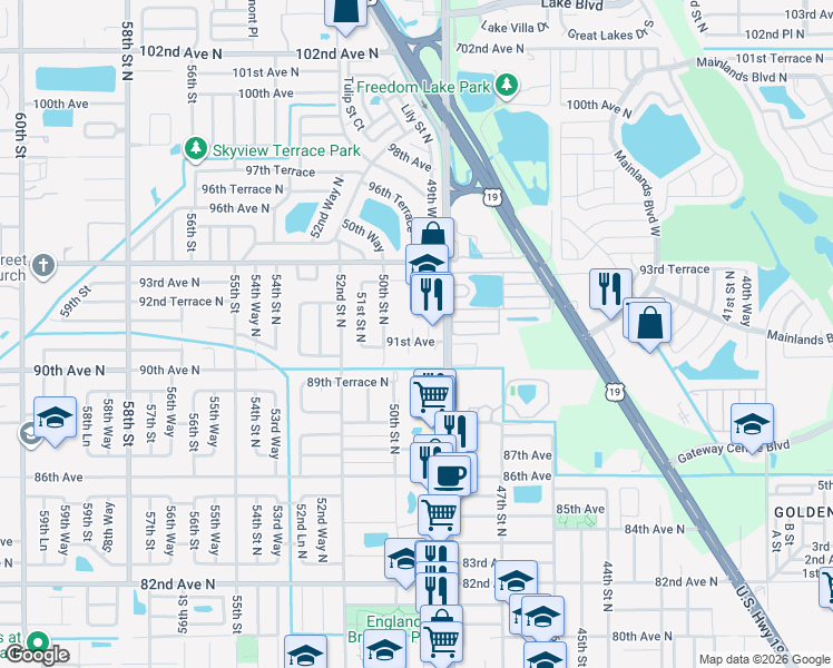 map of restaurants, bars, coffee shops, grocery stores, and more near 4945 91st Avenue in Pinellas Park