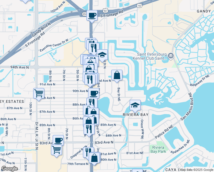 map of restaurants, bars, coffee shops, grocery stores, and more near 9031 2nd Street North in St. Petersburg