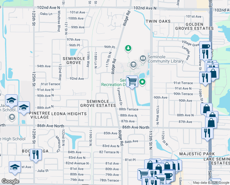 map of restaurants, bars, coffee shops, grocery stores, and more near 9045 Ridge Road in Seminole