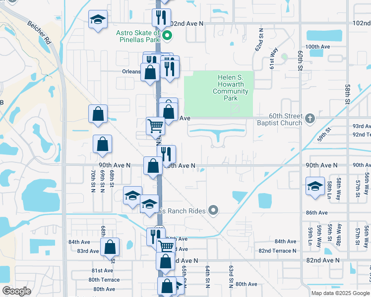 map of restaurants, bars, coffee shops, grocery stores, and more near 9121 65th Street North in Pinellas Park
