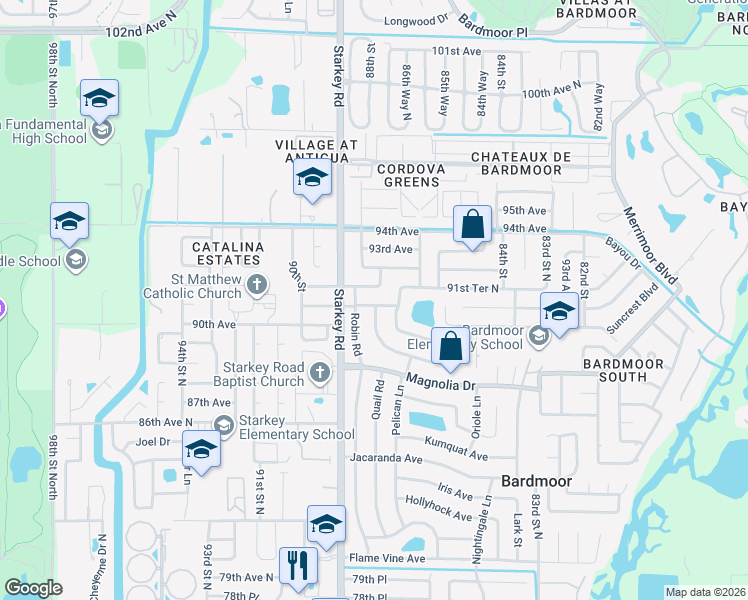 map of restaurants, bars, coffee shops, grocery stores, and more near 8827 Rose Terrace in Seminole