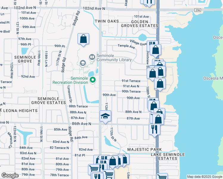 map of restaurants, bars, coffee shops, grocery stores, and more near 11189 90th Terrace in Seminole