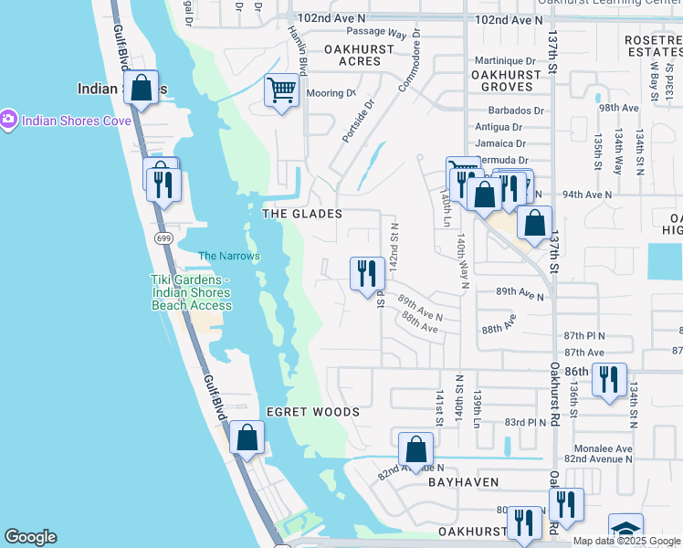 map of restaurants, bars, coffee shops, grocery stores, and more near 14389 90th Avenue in Seminole