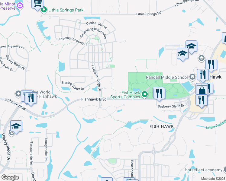 map of restaurants, bars, coffee shops, grocery stores, and more near 15846 Starling Water Drive in Lithia