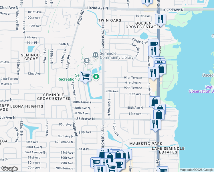 map of restaurants, bars, coffee shops, grocery stores, and more near in Seminole