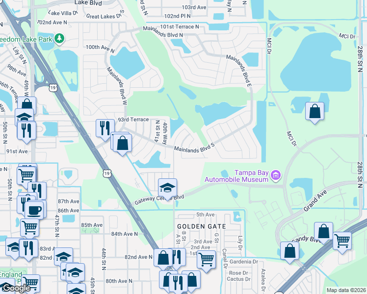 map of restaurants, bars, coffee shops, grocery stores, and more near 9042 39th Lane North in Pinellas Park