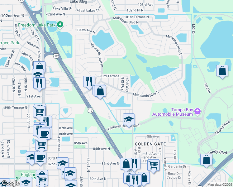 map of restaurants, bars, coffee shops, grocery stores, and more near 9104 41st Way in Pinellas Park