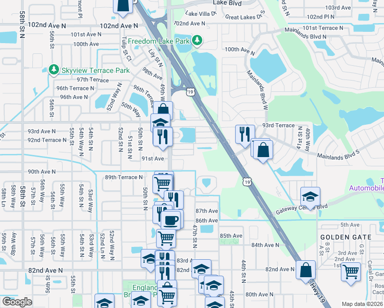 map of restaurants, bars, coffee shops, grocery stores, and more near 10 46th Street in Pinellas Park