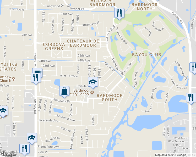 map of restaurants, bars, coffee shops, grocery stores, and more near 9136 82nd Street in Seminole