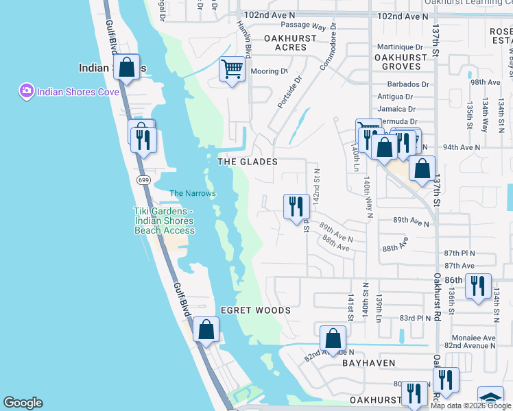 map of restaurants, bars, coffee shops, grocery stores, and more near 9000 Commodore Drive in Seminole