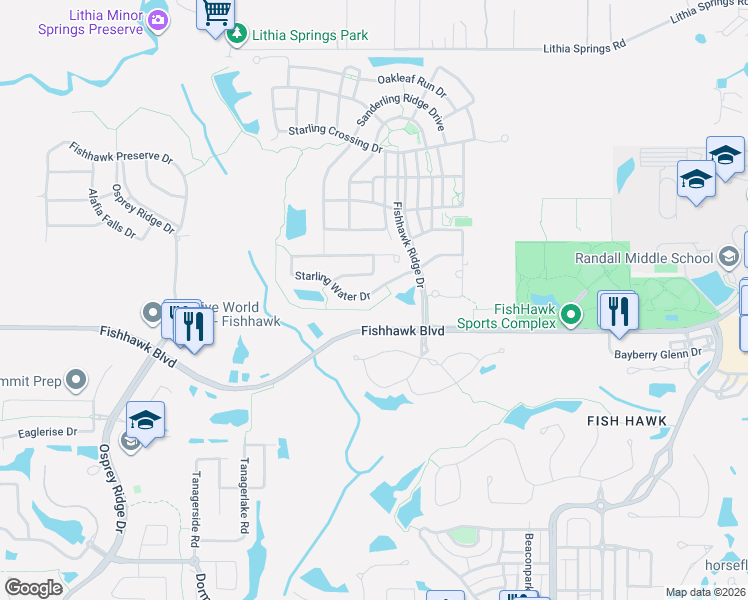 map of restaurants, bars, coffee shops, grocery stores, and more near 15729 Starling Water Drive in Lithia