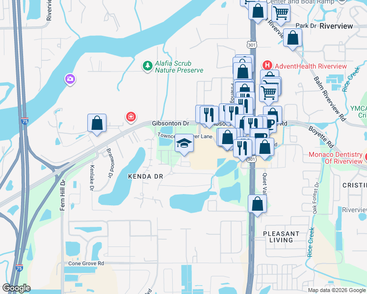map of restaurants, bars, coffee shops, grocery stores, and more near 10030 Mathog Road in Riverview