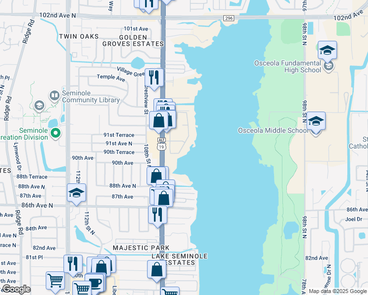 map of restaurants, bars, coffee shops, grocery stores, and more near 9209 Florida 595 in Seminole