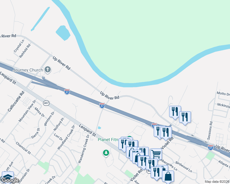 map of restaurants, bars, coffee shops, grocery stores, and more near 11554 Up River Road in Corpus Christi