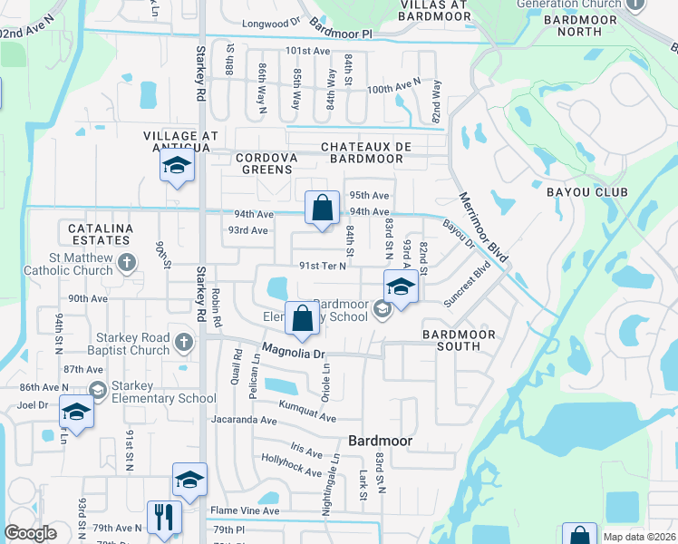 map of restaurants, bars, coffee shops, grocery stores, and more near 8428 91st Terrace in Seminole