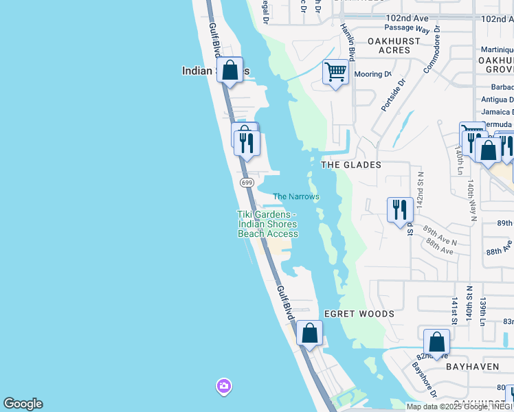 map of restaurants, bars, coffee shops, grocery stores, and more near 19610 Gulf Boulevard in Indian Shores