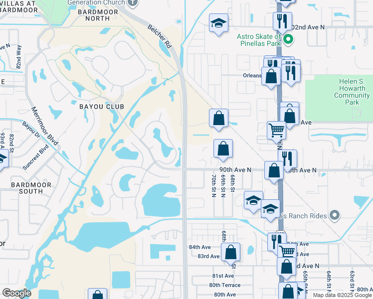 map of restaurants, bars, coffee shops, grocery stores, and more near 9085 Belcher Road North in Pinellas Park