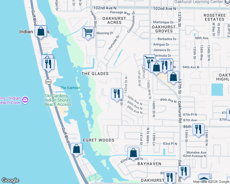 map of restaurants, bars, coffee shops, grocery stores, and more near 14370 91st Avenue North in Seminole
