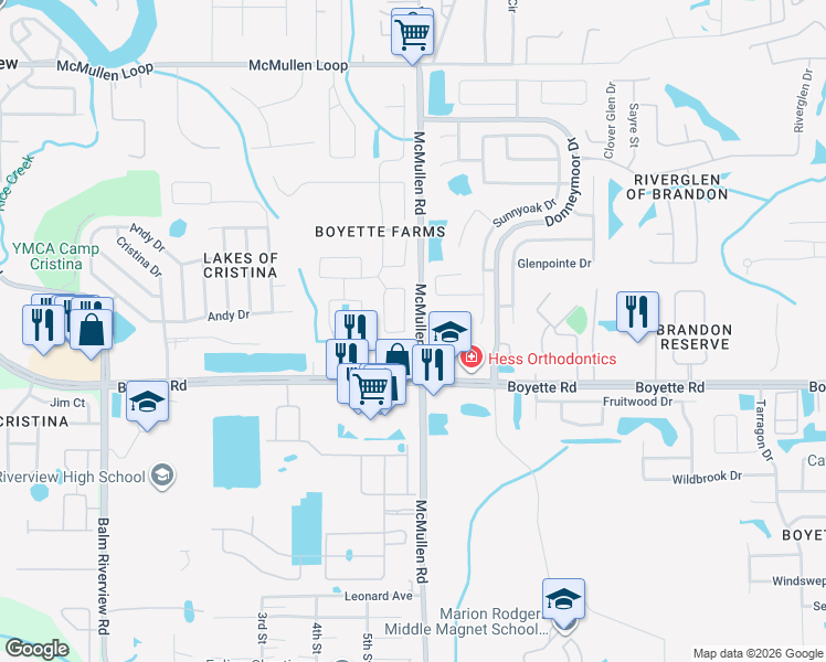 map of restaurants, bars, coffee shops, grocery stores, and more near 9734 White Barn Way in Riverview