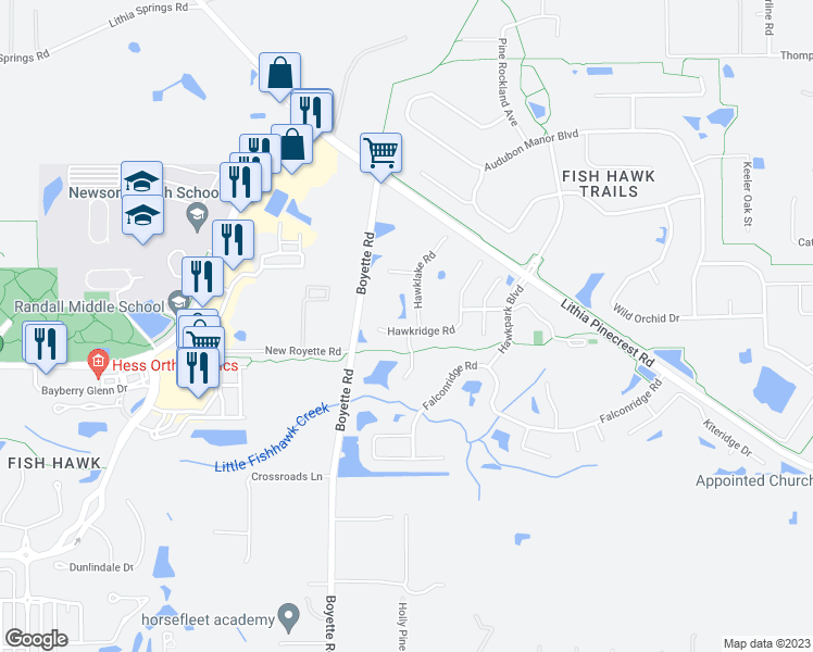 map of restaurants, bars, coffee shops, grocery stores, and more near 16820 Hawkridge Road in Lithia