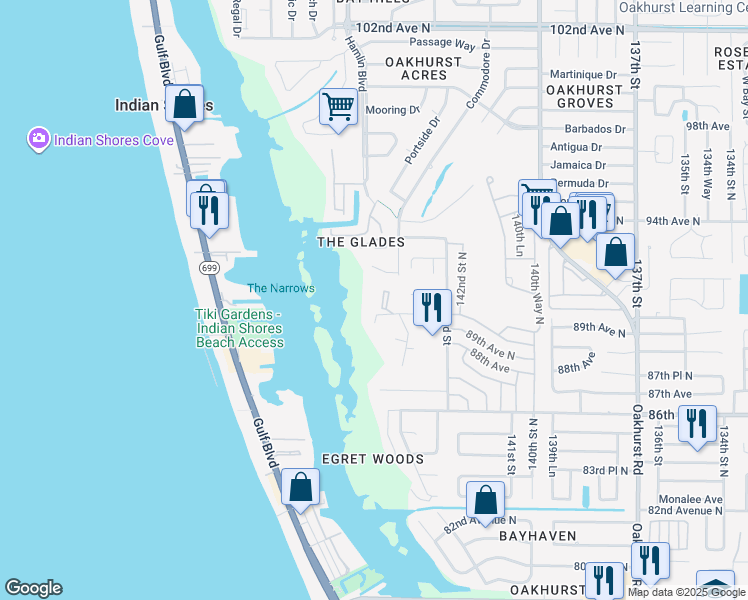 map of restaurants, bars, coffee shops, grocery stores, and more near 9000 Commodore Drive in Seminole