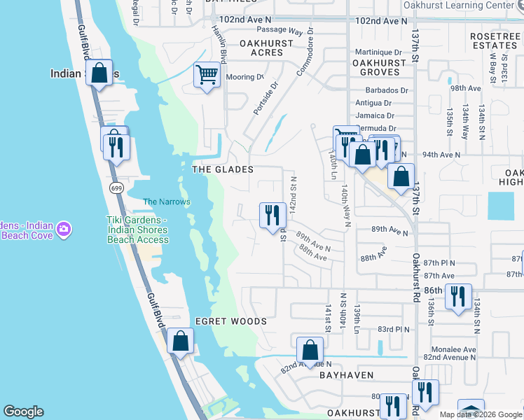 map of restaurants, bars, coffee shops, grocery stores, and more near 14389 90th Avenue in Seminole