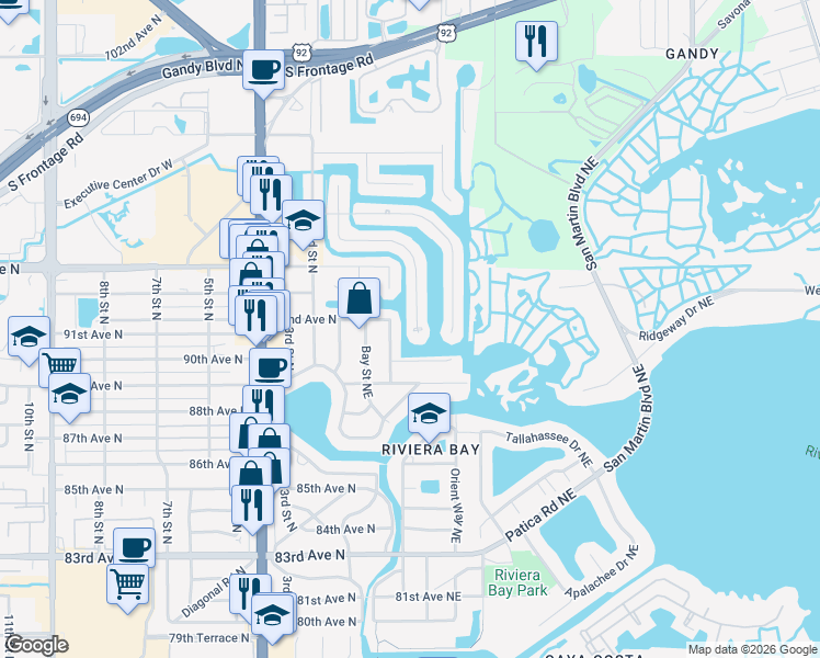 map of restaurants, bars, coffee shops, grocery stores, and more near 9046 Treasure Lane Northeast in St. Petersburg