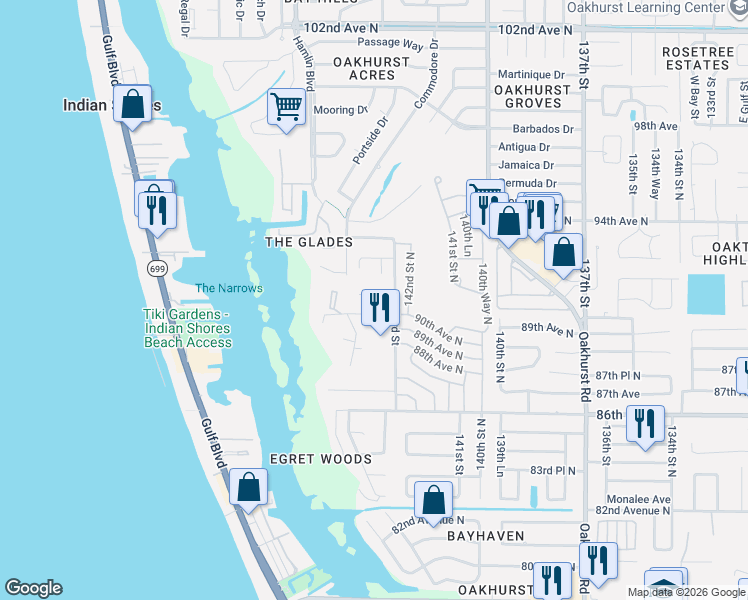 map of restaurants, bars, coffee shops, grocery stores, and more near 14389 90th Avenue in Seminole